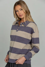 New Retro Striped Polo Shirt Sweatshirt Autumn and Winter New Loose Style Long Sleeve College Style Top