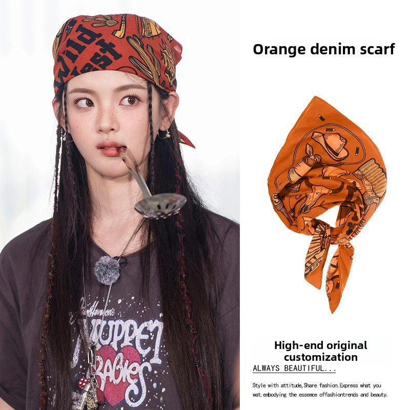 Celebrity Style Denim Print Headscarf Retro Fashion Niche High-end Feel Hairband Sweet Cool Unique Hair Accessory Decorative Headscarf