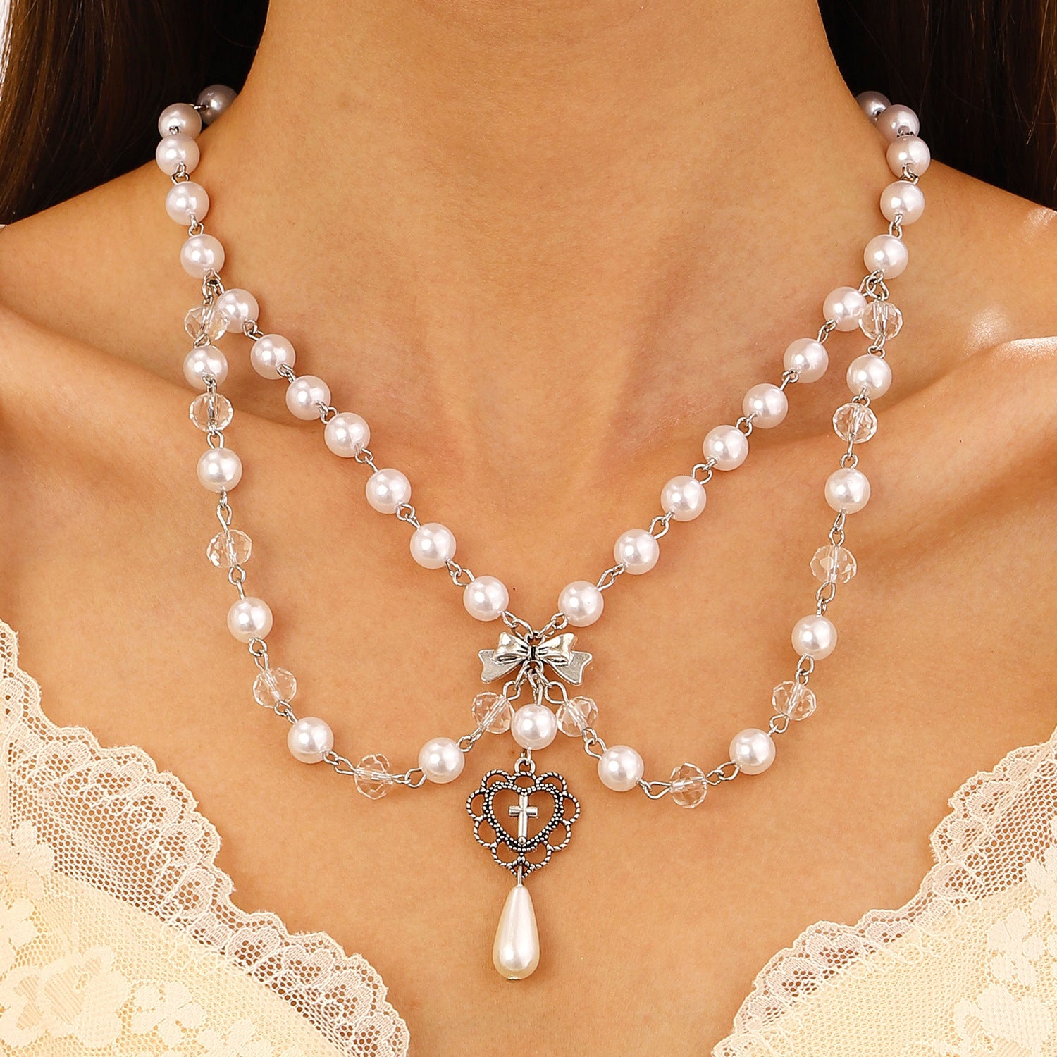 Celebrity Style Jewelry Niche Design Hot Girl Imitation Pearl Tassel Heart Cross Butterfly Versatile Necklace for Women
