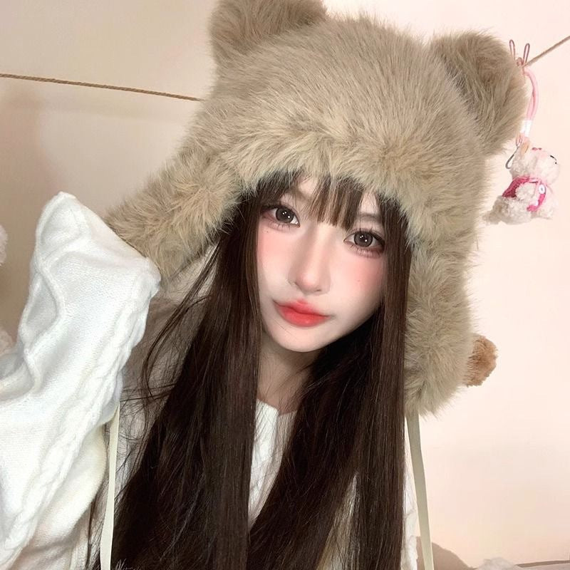 Little Bear Ear Protection Hat for Women, Autumn and Winter Warmth, Thickened with Fleece2025New Plush Cute Lei Feng Hat