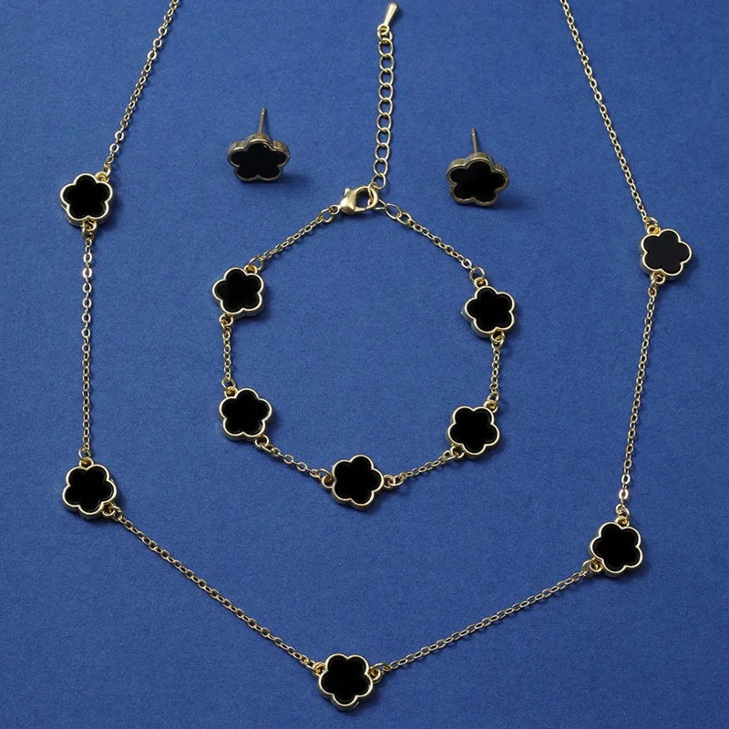 Same Style as Stars2025New Five-leaf Clover Jewelry Set for Women Simple Petal Necklace Five-leaf Flower Bracelet Ring Earrings4Set shipped together for safety
