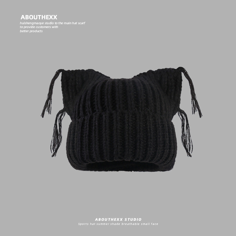 Same Style as Stars2025Winter Essential Cat Ear Tassel Hat for Women, Thickened Warm Knitted Hat, Fashionable Versatile Autumn Winter Cute Quality Style