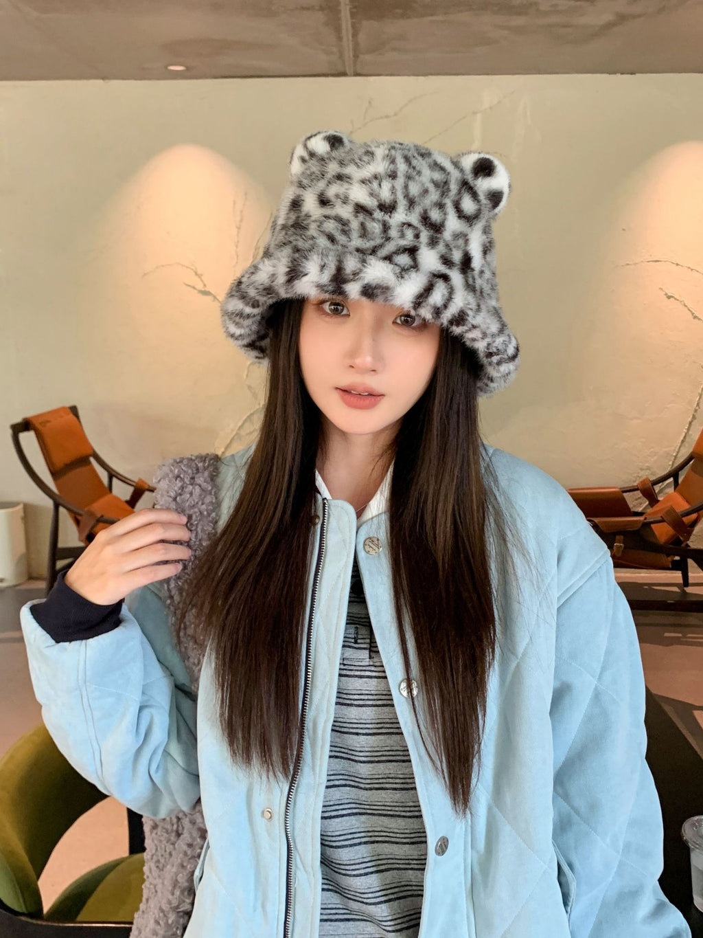 New Korean Style Casual Hat for Women Winter Cute Leopard Print Plush Fisherman Hat Korean Style Warm Versatile Student Bucket Hat