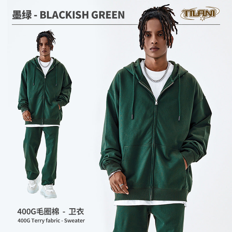 TILANI Men's Fashion Brand Dopamine400G Zipper Jacket Solid Color Unisex Cardigan Hooded Sweatshirt