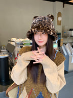 New Korean Style Casual Hat for Women Winter Cute Leopard Print Plush Fisherman Hat Korean Style Warm Versatile Student Bucket Hat