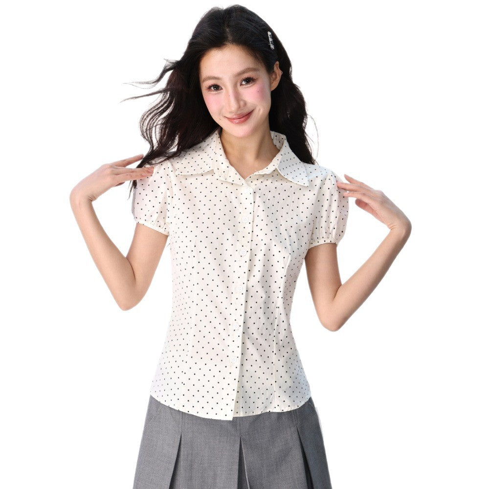 Star Custom Polka Dot Elastic Cuff Turn-Down Collar Shirt for Women Summer Slim Fit Sweet Design Short Sleeve Shirt
