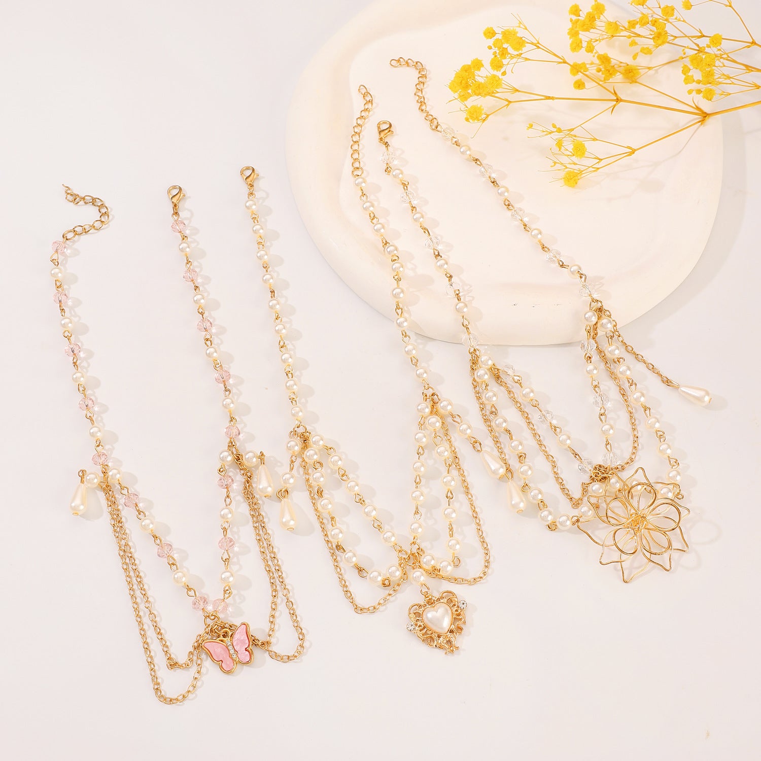 Celebrity Style Jewelry Niche Design Hot Girl Imitation Pearl Tassel Heart Cross Butterfly Versatile Necklace for Women