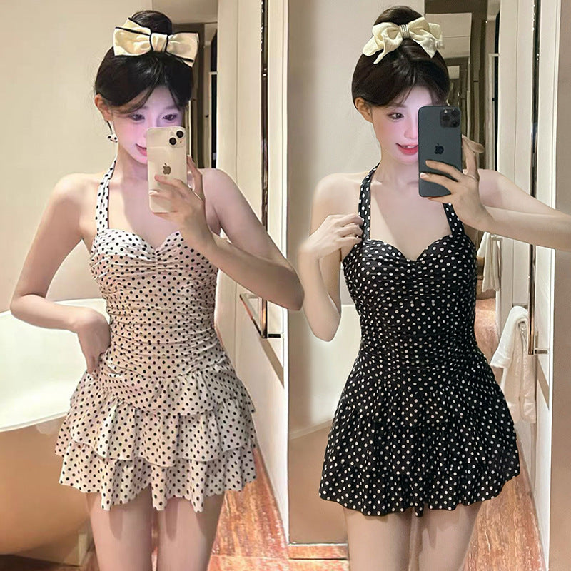 South Korea ins Vintage Classic Wave Balloon Cake Skirt Style Slimming One-Piece Swimsuit for Women with Small and Large Busts