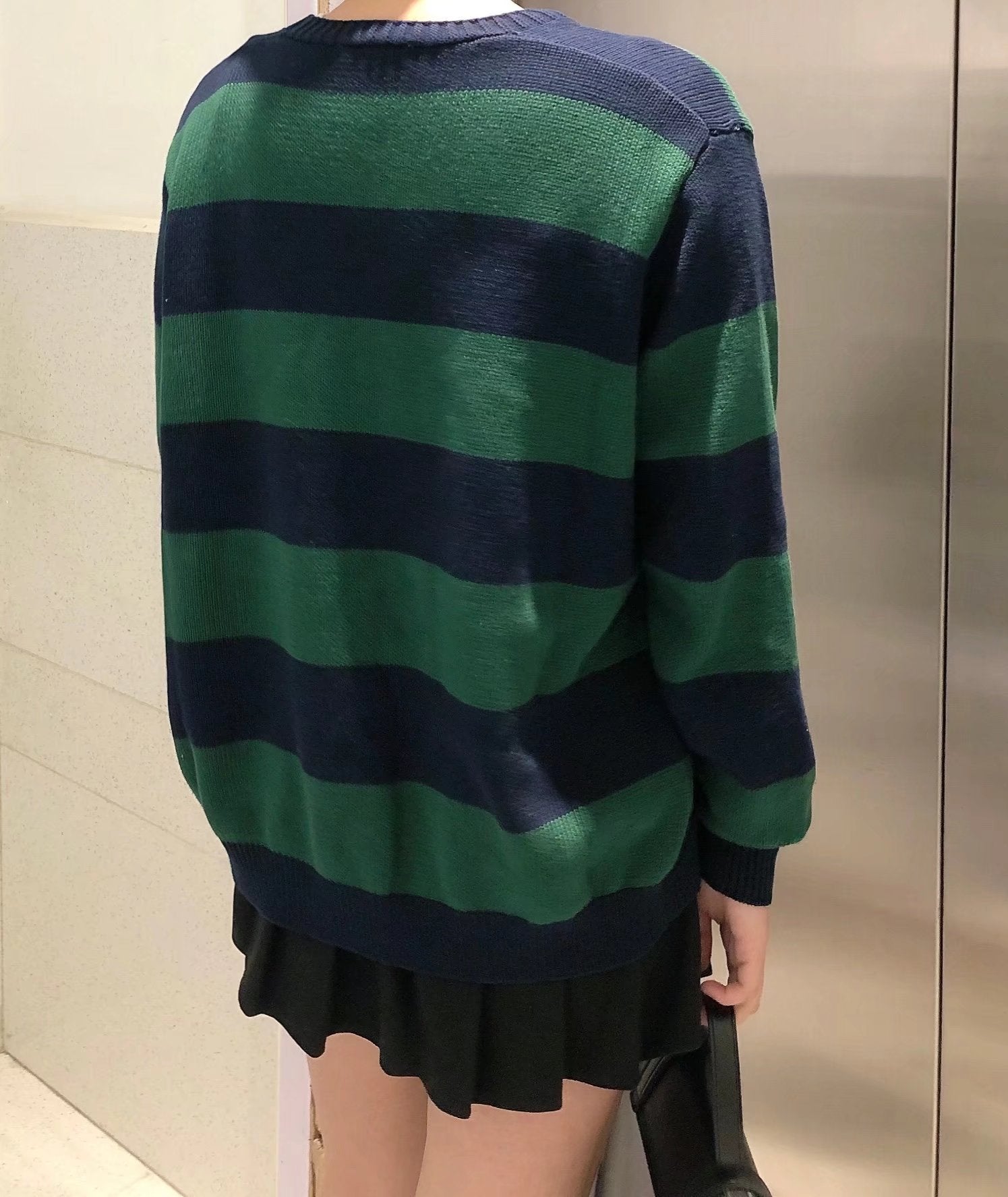 BM Style Retro College Style V-Neck Green Striped Loose BM Knitted Sweater Cardigan Coat for Women