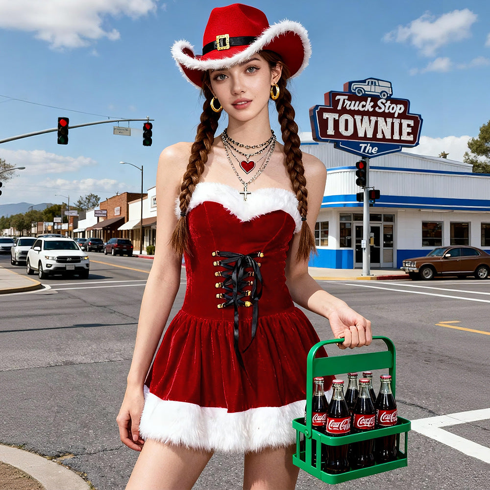 Red Fluffy Christmas Sexy Dress Red Cowboy Hat Pure Desire Set Santa Claus Costume