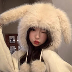 Cute Rabbit Lei Feng Hat with Ears, Plush Hat for Women, Winter Fox Fur Thickened Warmth, Cold Protection, Ear Protection, Head Wrap Hat for Women