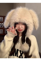 Cute Rabbit Lei Feng Hat with Ears, Plush Hat for Women, Winter Fox Fur Thickened Warmth, Cold Protection, Ear Protection, Head Wrap Hat for Women