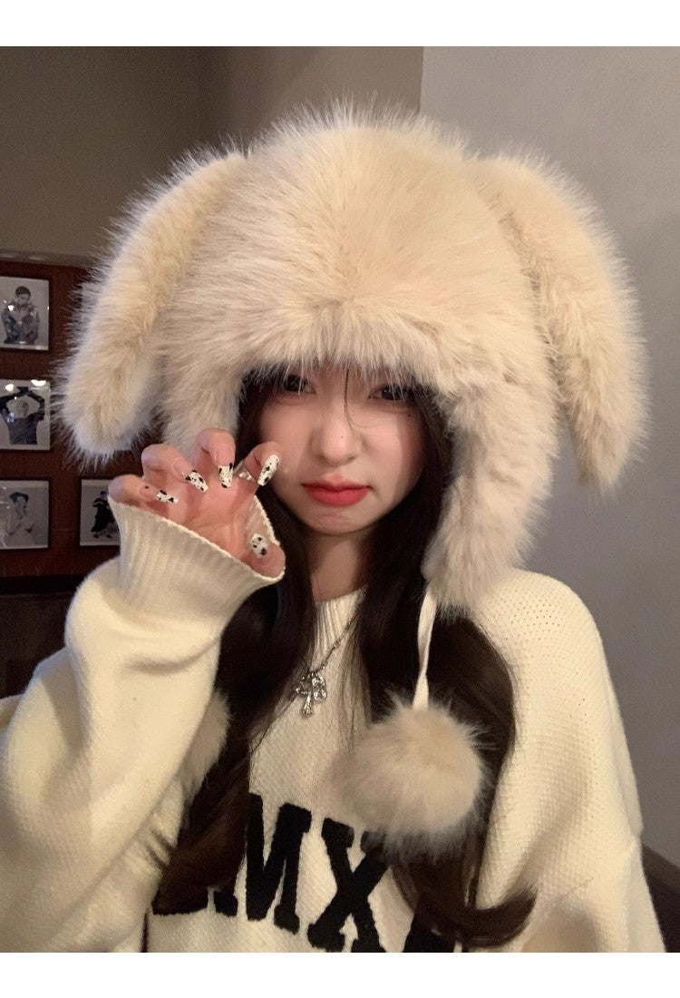 Cute Rabbit Lei Feng Hat with Ears, Plush Hat for Women, Winter Fox Fur Thickened Warmth, Cold Protection, Ear Protection, Head Wrap Hat for Women