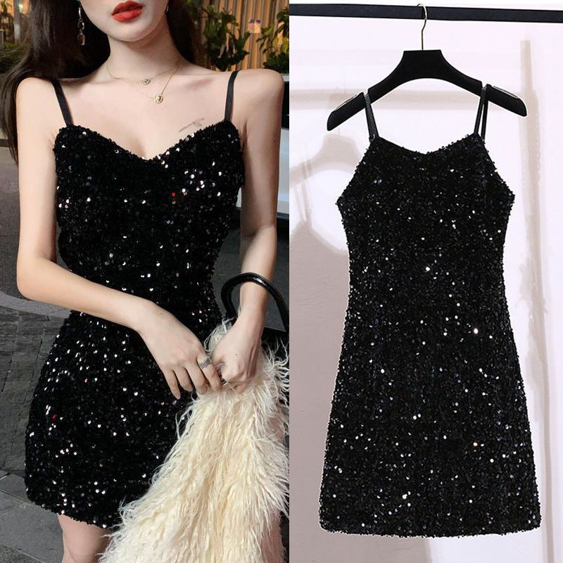 Sequin Strap Dress Little Black Dress Nightclub Black Slimming Sexy Disco Women's Short Dress Party Gathering Dress