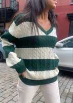 "Library Crush" Oversized Cable Knit - Preppy Striped Pullover