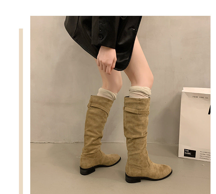 Over-the-Knee Khaki Slouch Boots High Tube Riding Boots Women's Shoes New Autumn Winter Pleated Slimming Long Boots