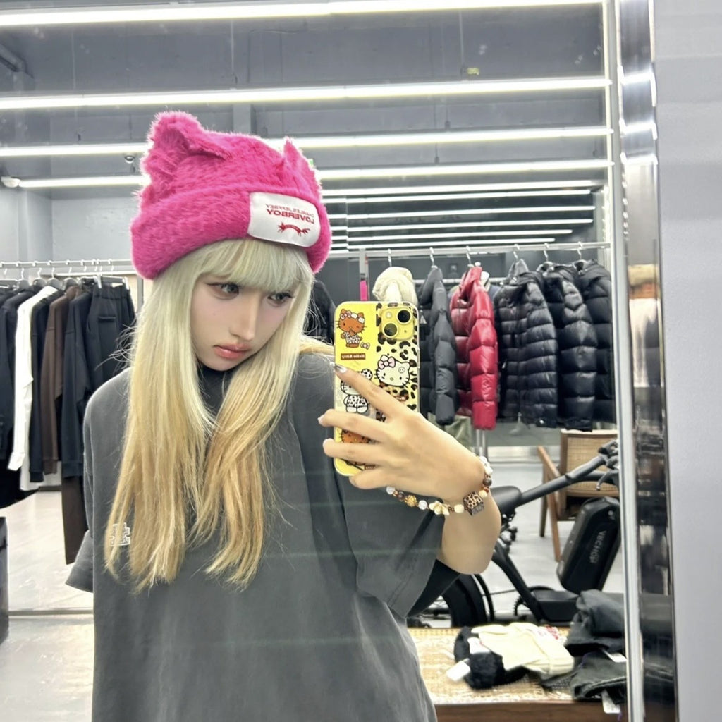 Correct Loverboy Plush Pig Knitted Hat Cat Ear Hat24Autumn and winter new cute thick unisex hats