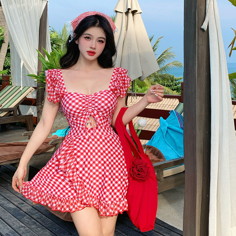 Custom Celebrity Design2025New Korean Niche Pure Desire Style Red Plaid Slimming Covering Body Conservative Beach Hot Spring One-Piece Swimsuit for Women