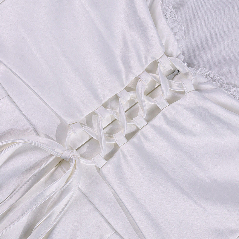 Square Neck Strap Dress Sexy Satin Lace Backless Hip-Mid Skirt Dress