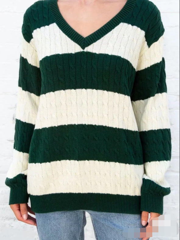 "Library Crush" Oversized Cable Knit - Preppy Striped Pullover
