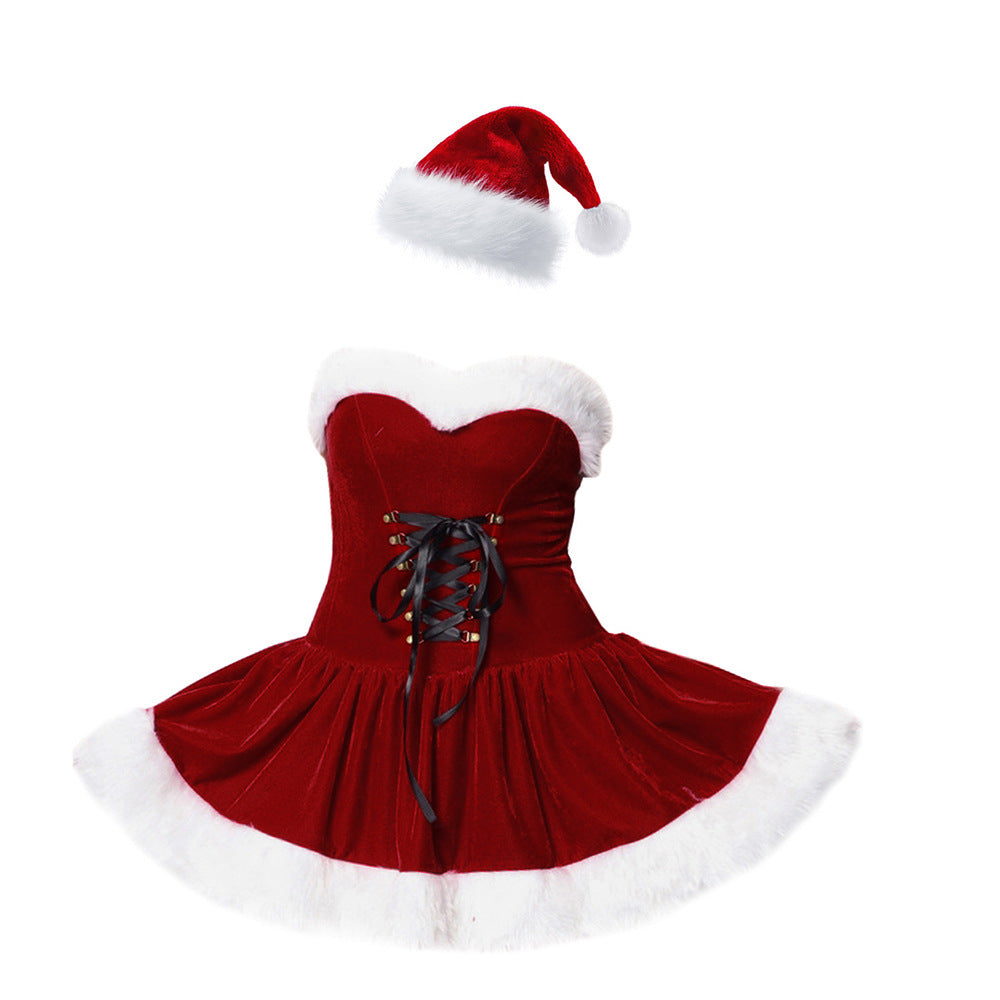 Red Fluffy Christmas Sexy Dress Red Cowboy Hat Pure Desire Set Santa Claus Costume