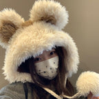 Women's Hat2024New Fluffy Cute Bear Thickened Warm Hat for Autumn and Winter, Big Head Circumference, Face Slimming Pullover Hat