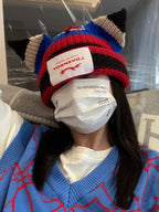 Winter Hat for Women Korean Style Knitted Cat Ear Hip-Hop Beanie Personalized Letter Warm Pullover Hat Internet Celebrity Same Style