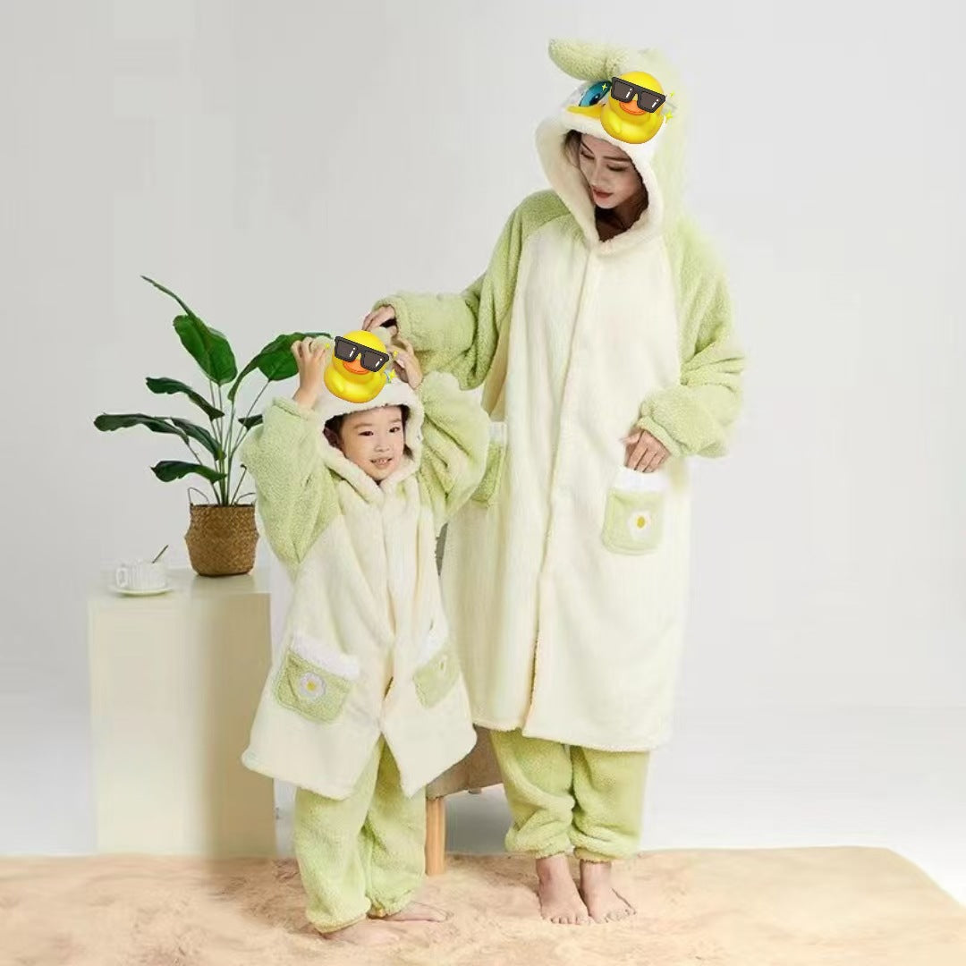 Autumn Winter Little Yellow Chicken One-Piece Pajamas Funny Cute Coral Fleece Couple Robe Unisex Homewear