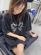 100%100% Cotton Fashion Trendy Brand Short Sleeve t Korean Style Women's Loose Hong Kong Style Heavy Rhinestone Slimming Half Sleeve Top