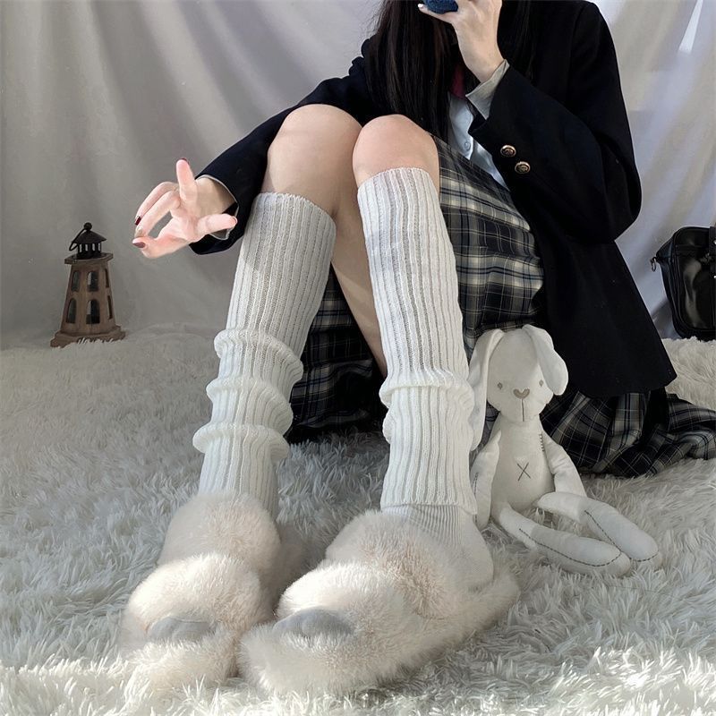 White Knitted Sock Covers Autumn Winter Warm Mid-Calf Socks y2k Harajuku Style Hot Girl Japanese Style jk College Style Slouch Socks for Women.