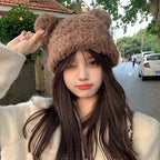Korean Sweet Cute Bear Plush Knitted Hat for Women, Thickened and Warm for Autumn and Winter, Face-Slimming Beanie