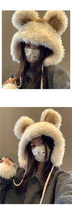 Women's Hat2024New Fluffy Cute Bear Thickened Warm Hat for Autumn and Winter, Big Head Circumference, Face Slimming Pullover Hat