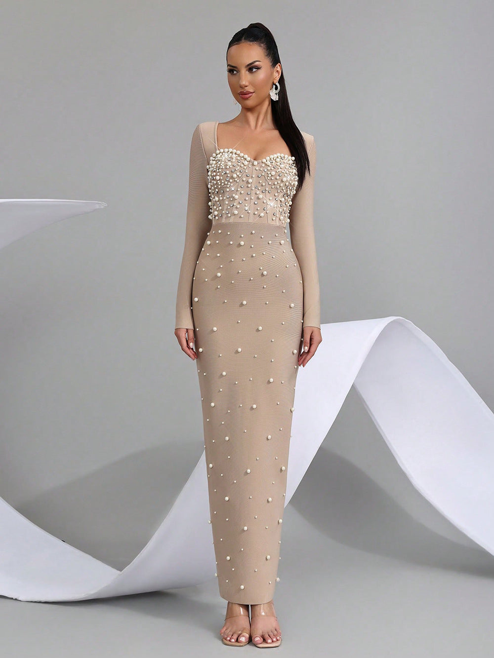 Star Custom Autumn New Beaded Diamond Tight Luxury Long Dress Bandage Dress Women Long Sleeve Elegant Evening Party Gown