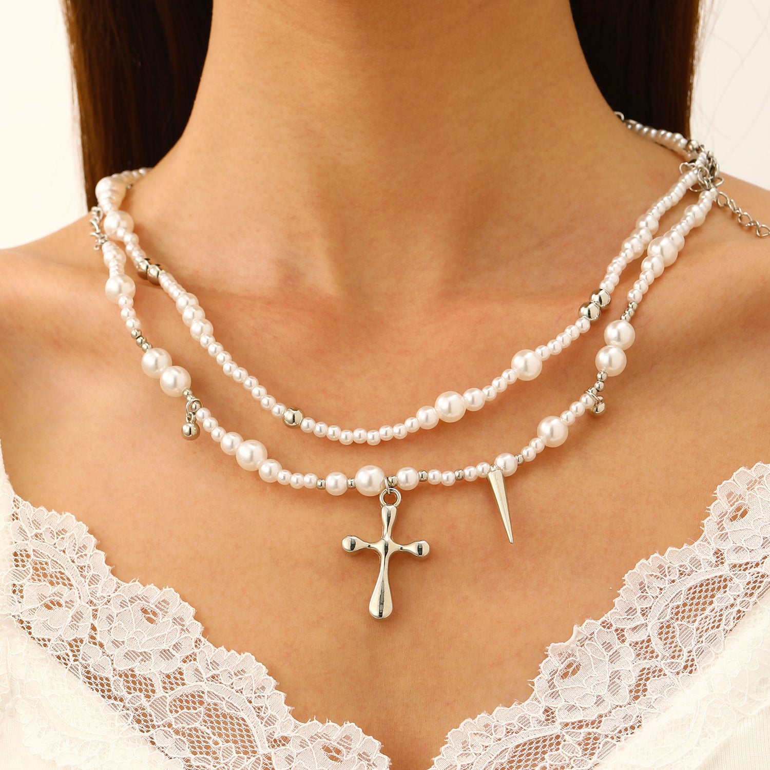 Celebrity Style Jewelry Niche Design Hot Girl Imitation Pearl Tassel Heart Cross Butterfly Versatile Necklace for Women