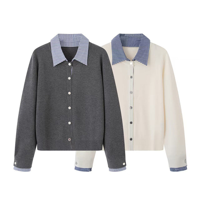 Custom Celebrity Design2025Autumn New Versatile Loose Fit Shirt Collar Plaid Patchwork Fake Two-Piece Knitted Sweater for Women 1EDF4173