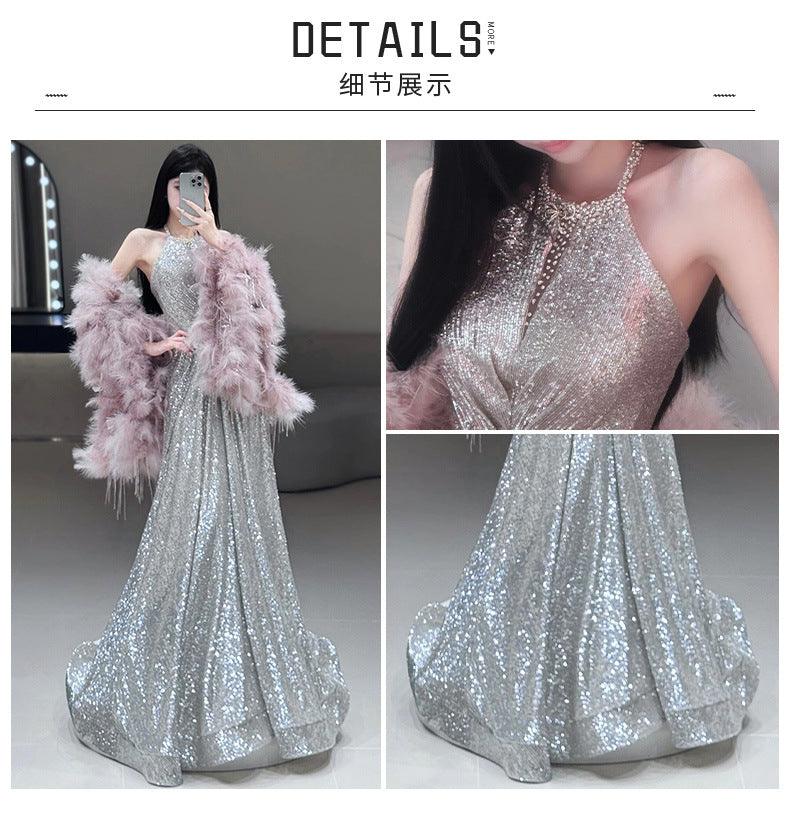 French-style Halter Neck Toasting Dress for Bride2025New Light Luxury Elegant Pink Feather Shawl Sequin Evening Dress
