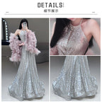 French-style Halter Neck Toasting Dress for Bride2025New Light Luxury Elegant Pink Feather Shawl Sequin Evening Dress