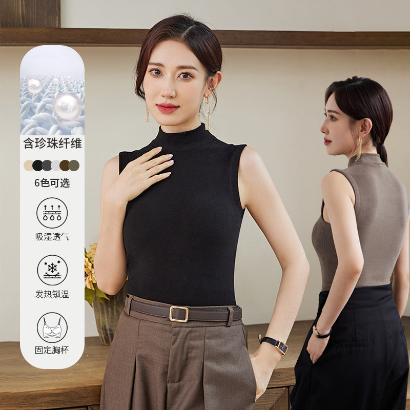 Slim Fit Half Turtleneck Vest Versatile for Autumn and Winter8811Slimming Solid Color Fashion Black Sleeveless Vest for Women