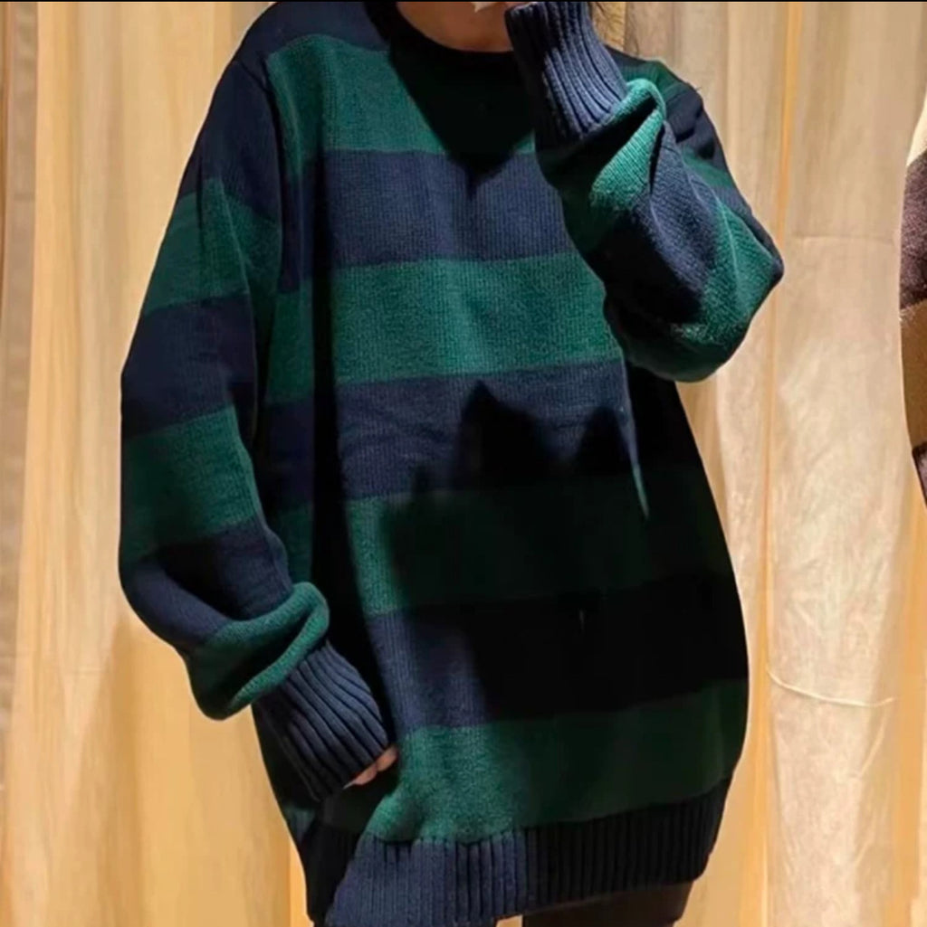 BM Style Retro College Style V-Neck Green Striped Loose BM Knitted Sweater Cardigan Coat for Women