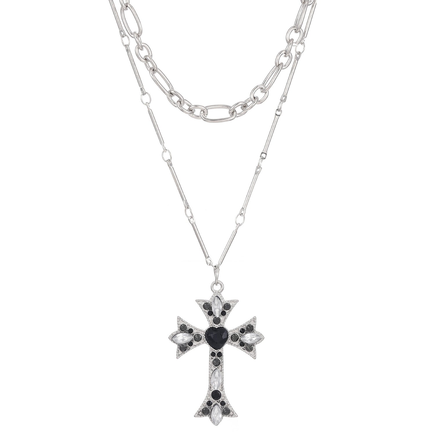 Celebrity Style Accessories ins Vintage Alloy Retro Pearl Cross Pendant Accessory Punk Versatile Multi-layer Sweater Necklace for Women Trendy