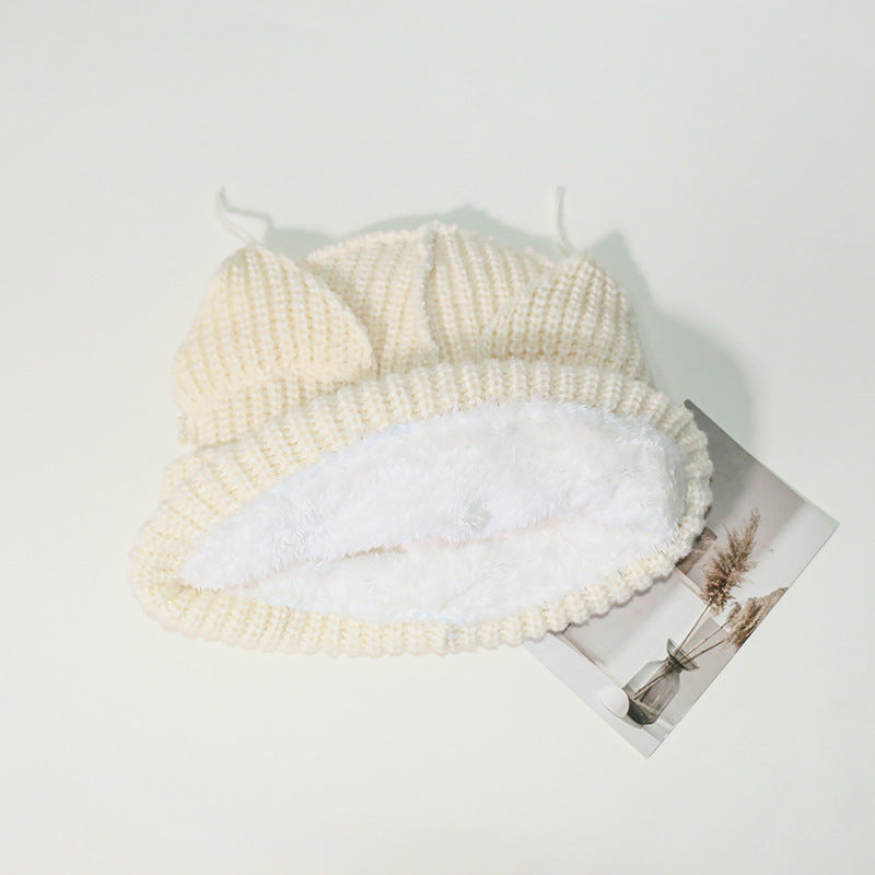 Korean Style Sweet Cute Cat Ear Knitted Hat for Women, Autumn and Winter Warm Ear Protection with Letter Patch, Versatile Knit Hat