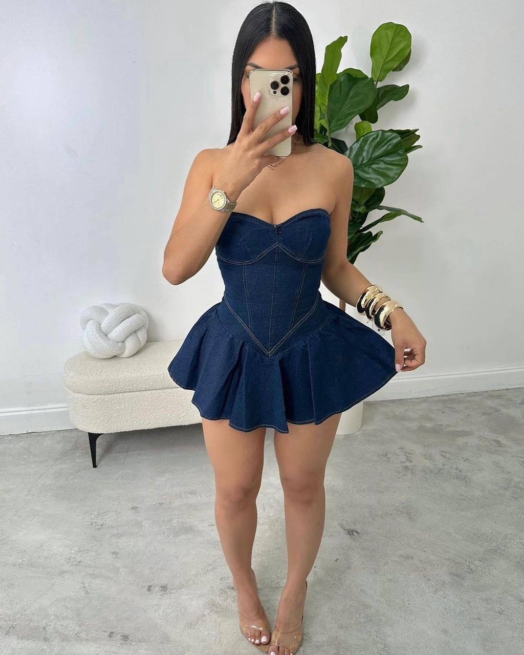 D8699Women's Fashion Sleeveless Tube Top Denim Sexy Hot Girl A Word mini Dress