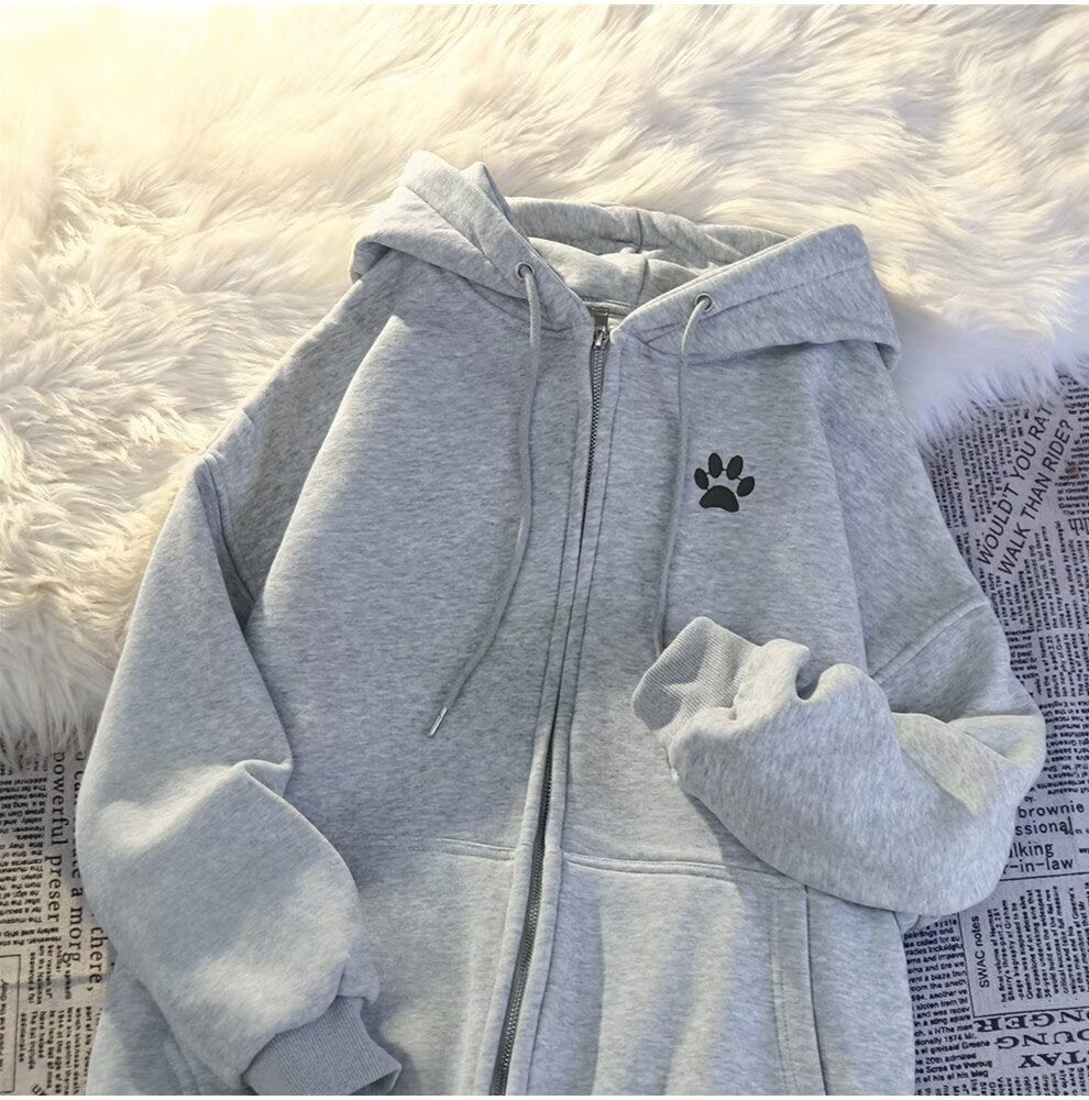 Trendy Brand Printed Hooded Sweatshirt for Women, Spring and Autumn Korean Style, Thin Loose Cardigan, Zipper Jacket, Versatile Student Top