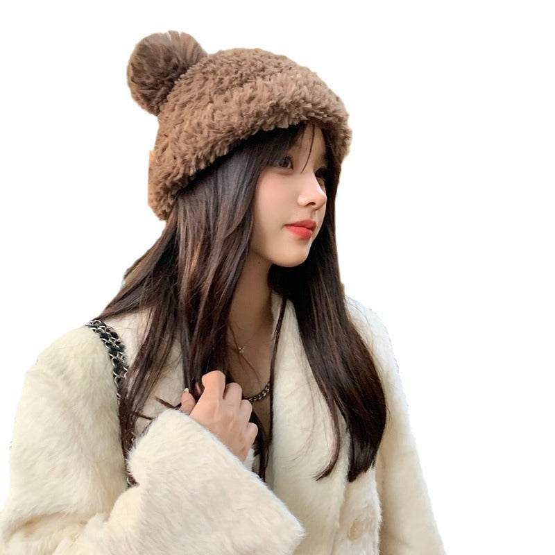 Korean Sweet Cute Bear Plush Knitted Hat for Women, Thickened and Warm for Autumn and Winter, Face-Slimming Beanie