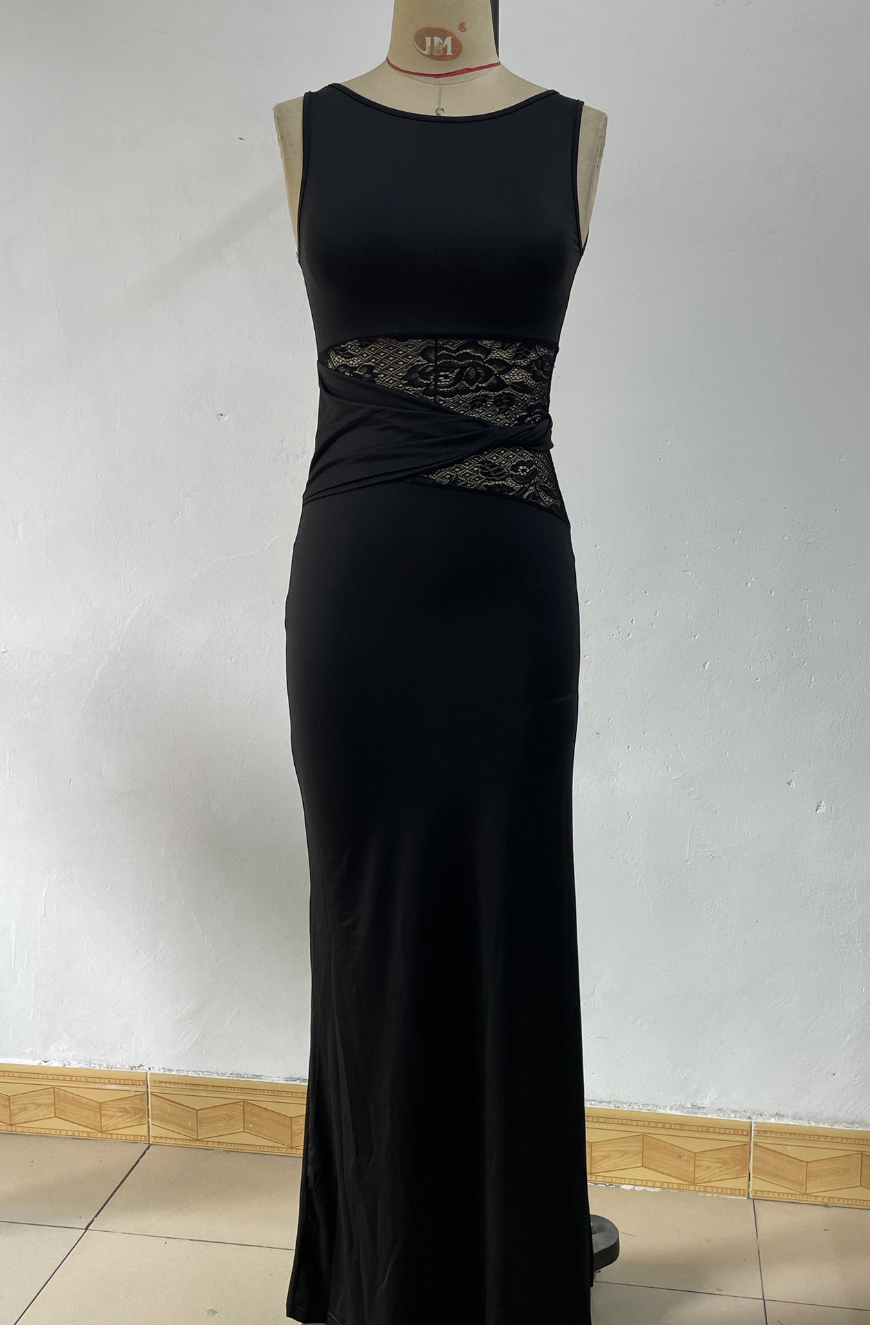 G25D047-2025Elegant Black Long Dress Slim Lace Stitching Drooping Slimming Premium Transparent