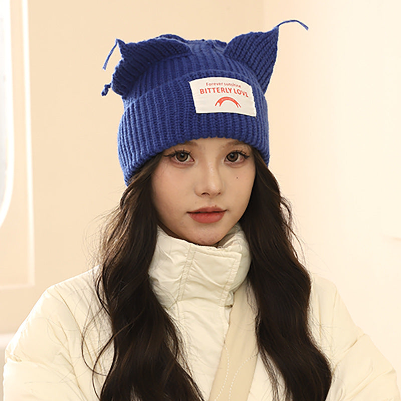 Korean Style Sweet Cute Cat Ear Knitted Hat for Women, Autumn and Winter Warm Ear Protection with Letter Patch, Versatile Knit Hat