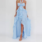 Spring and Summer New Sexy Lace-Up Strapless Backless Lace-Up Ruffle Long Dress Women's Fashion