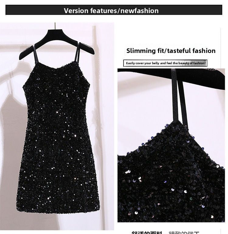 Sequin Strap Dress Little Black Dress Nightclub Black Slimming Sexy Disco Women's Short Dress Party Gathering Dress