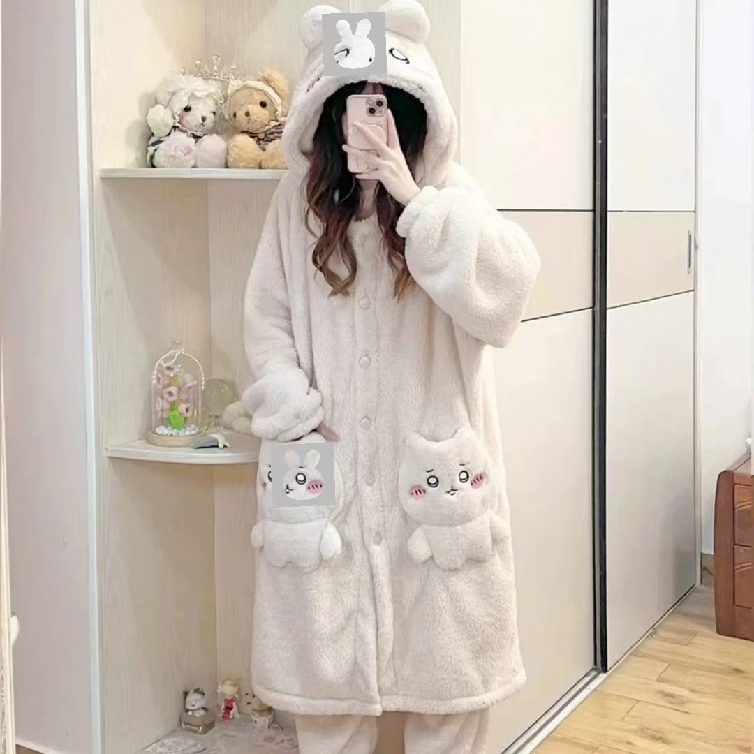 Autumn Winter Little Yellow Chicken One-Piece Pajamas Funny Cute Coral Fleece Couple Robe Unisex Homewear