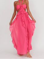 Spring and Summer New Sexy Lace-Up Strapless Backless Lace-Up Ruffle Long Dress Women's Fashion